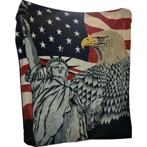 Vintage Eagle Statue Of Liberty Blanket Korea Plush Fuzzy 79”X94” Patriotic USA